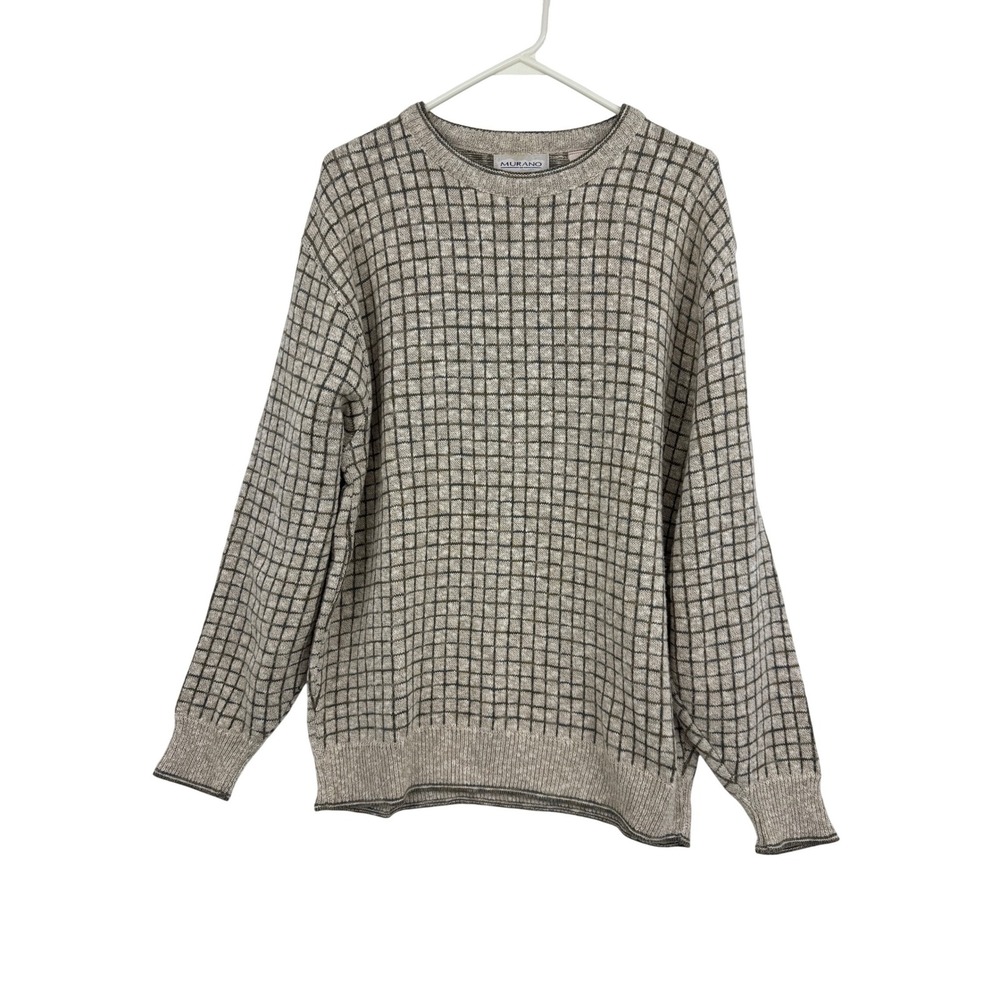 VINTAGE Murano Mens Medium‎ Grid Pattern Crewneck Sweater Beige Grey Knit